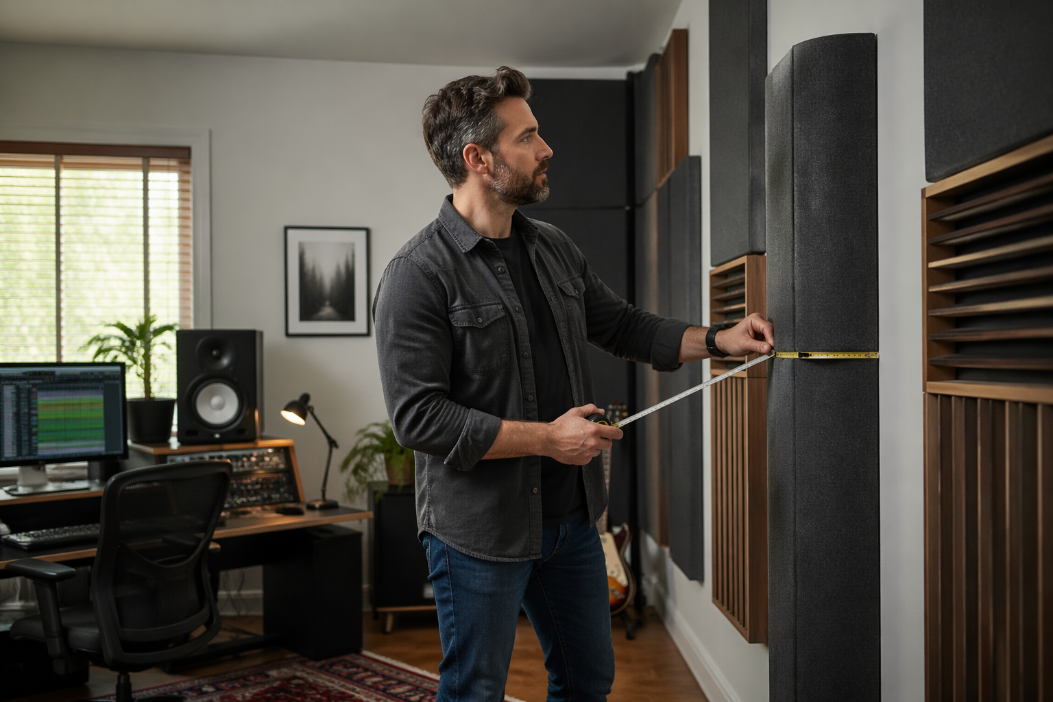 A sound engineer adjusting bass traps in a home office studio with acoustic panels and equipment visible.