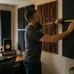 A man adjusting bass traps in a home office studio, focusing on acoustic treatment.