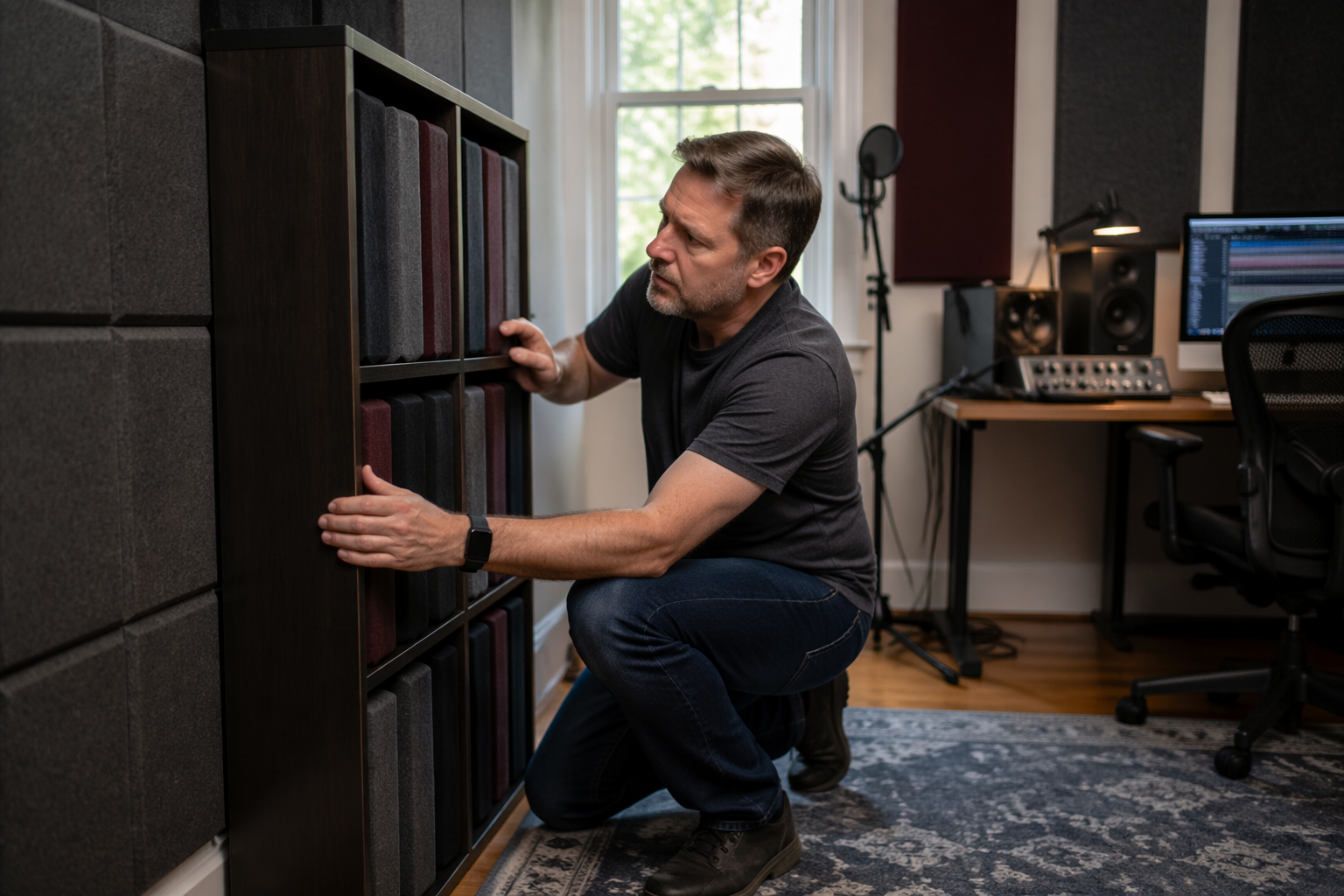 A sound engineer adjusting the placement of a bookshelf with acoustic panels in a home office studio.