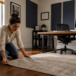 A woman adjusting a rug on hardwood floors in a home office to control bass sound.