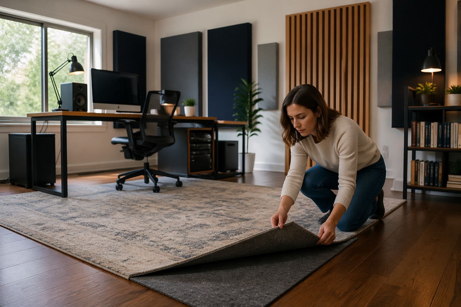 A woman adjusting a rug in a home office with hardwood floors to improve bass control.