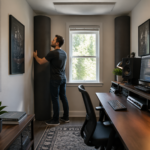 A sound engineer adjusting acoustic panels in a long narrow home office with a desk and studio monitors.