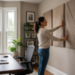 A woman adjusting acoustic panels in her home office with a bay window.