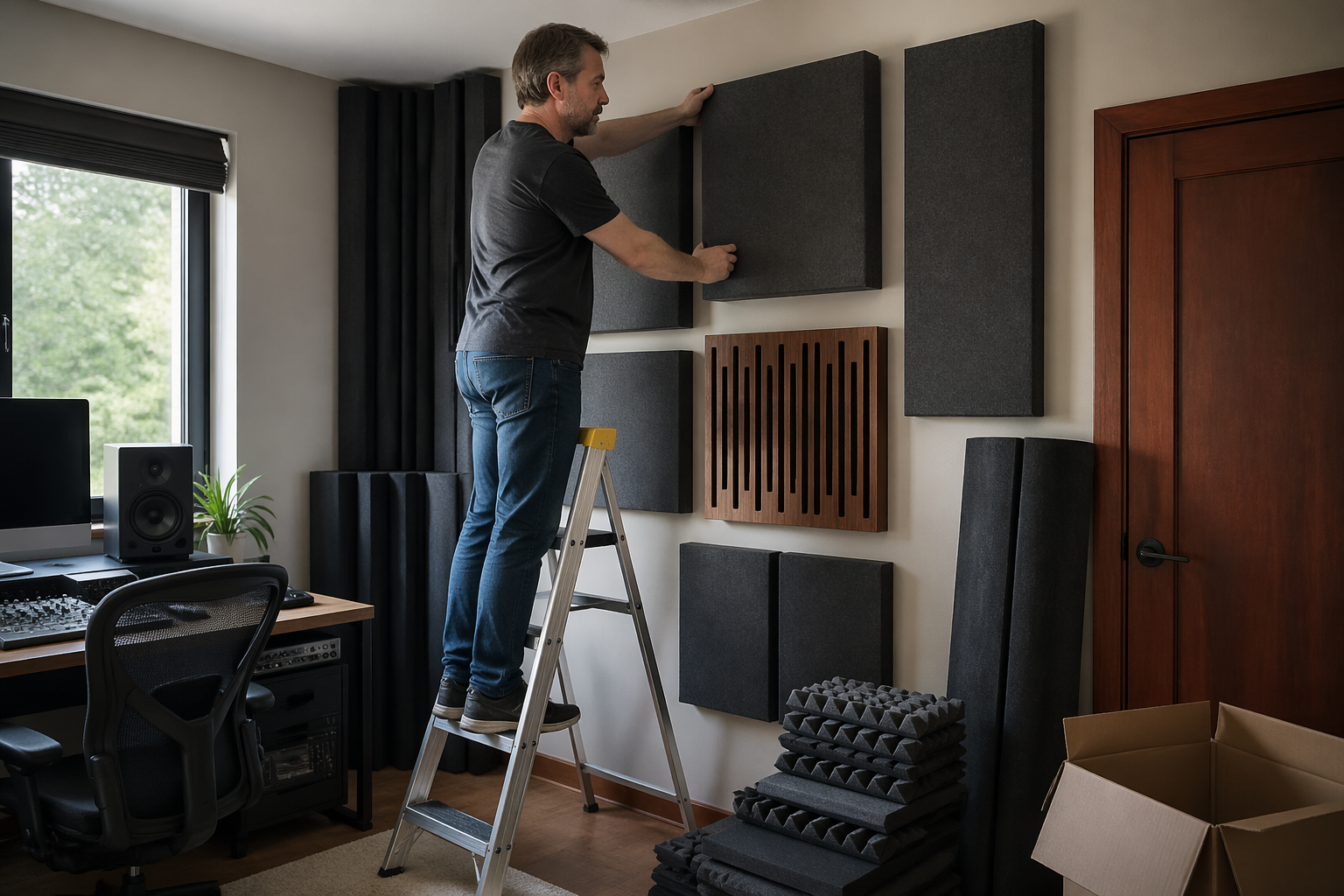 A sound engineer adjusting acoustic panels in a home office studio with a door
