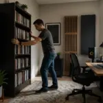 A man adjusting a bookshelf in a home office designed for acoustic treatment, showcasing bass control techniques.