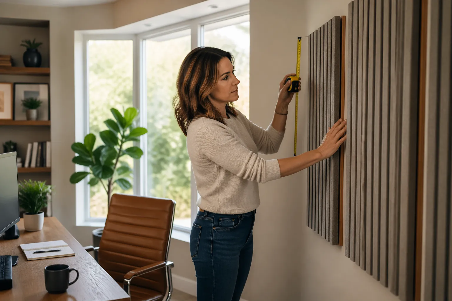 A woman adjusting acoustic panels in her home office with a bay window.