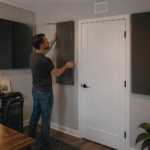 A man adjusting acoustic panels on a front wall with a door in a home office studio setup.