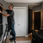 A sound engineer adjusting acoustic panels in a home office with a closet and alcove.