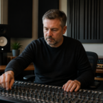 A man adjusting bass settings on an audio mixer in a small home studio with sound panels and studio monitors.