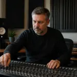 A man adjusting bass settings on an audio mixer in a small home studio with sound panels and studio monitors.