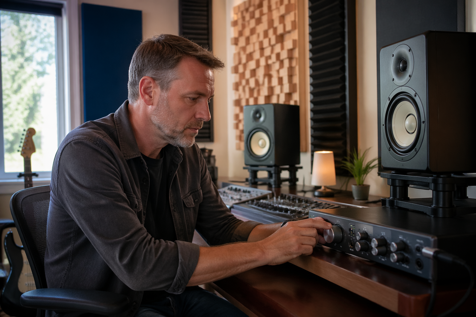 A sound engineer adjusting bass levels in a small home studio with acoustic panels and monitors
