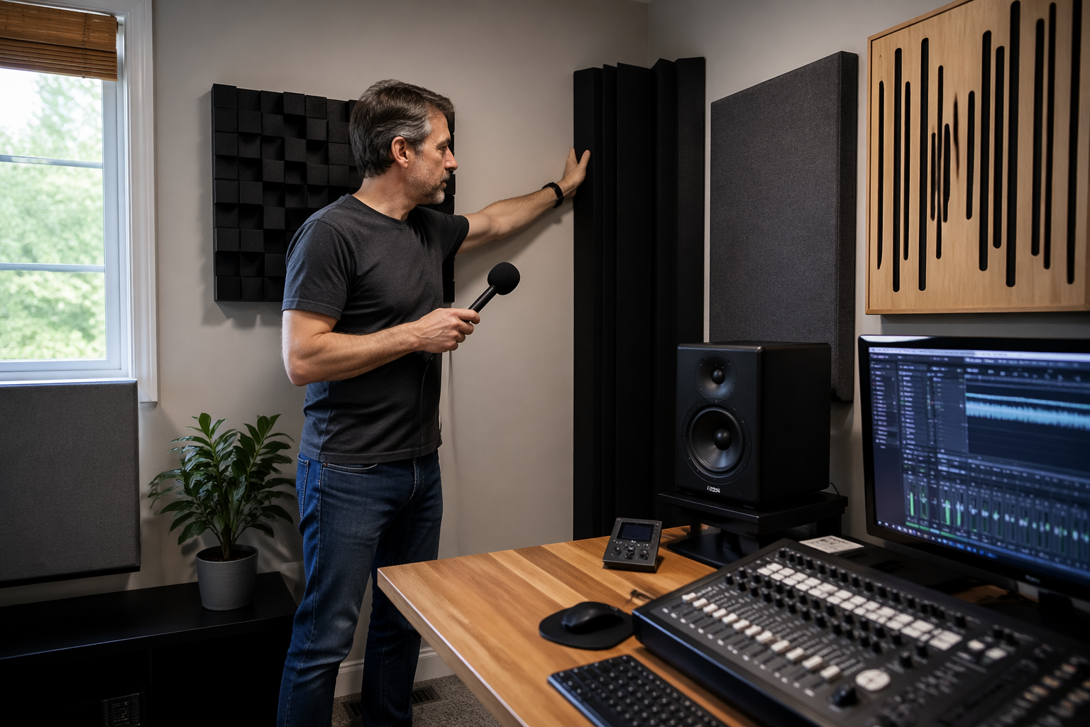A sound engineer adjusting bass traps in a square home office studio