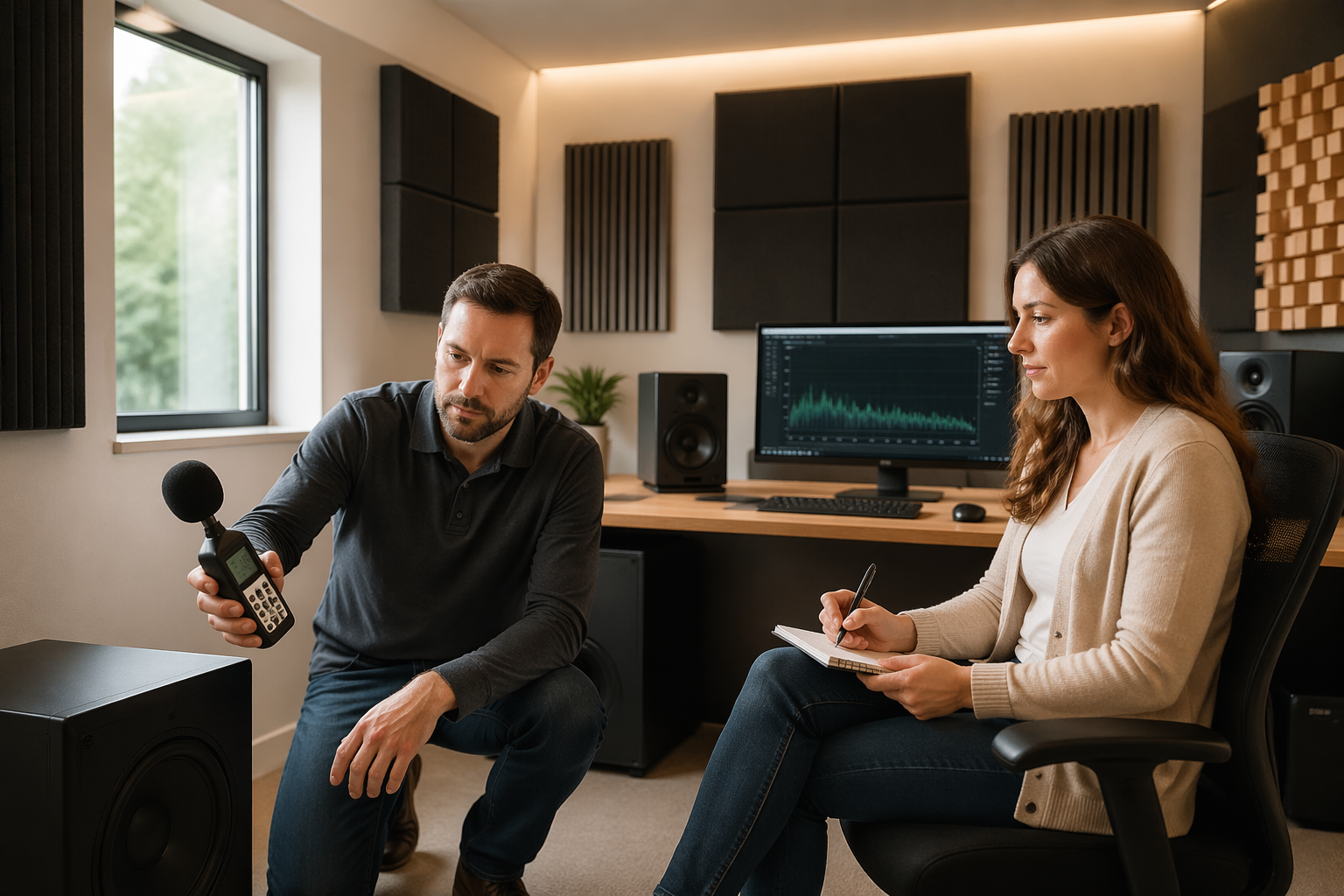 A man and woman working in an L-shaped home office with acoustic treatment panels, focusing on bass control.