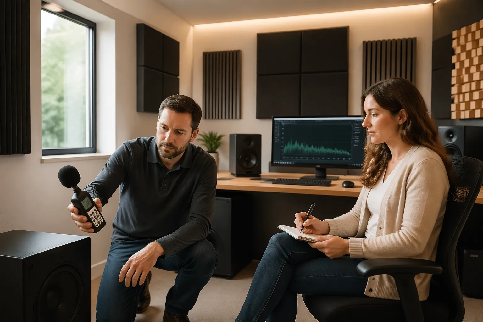 A man and woman working in an L-shaped home office with acoustic treatment panels, focusing on bass control.
