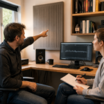 A man and a woman discussing bass control in an L-shaped home office, with sound absorption panels visible on the walls.