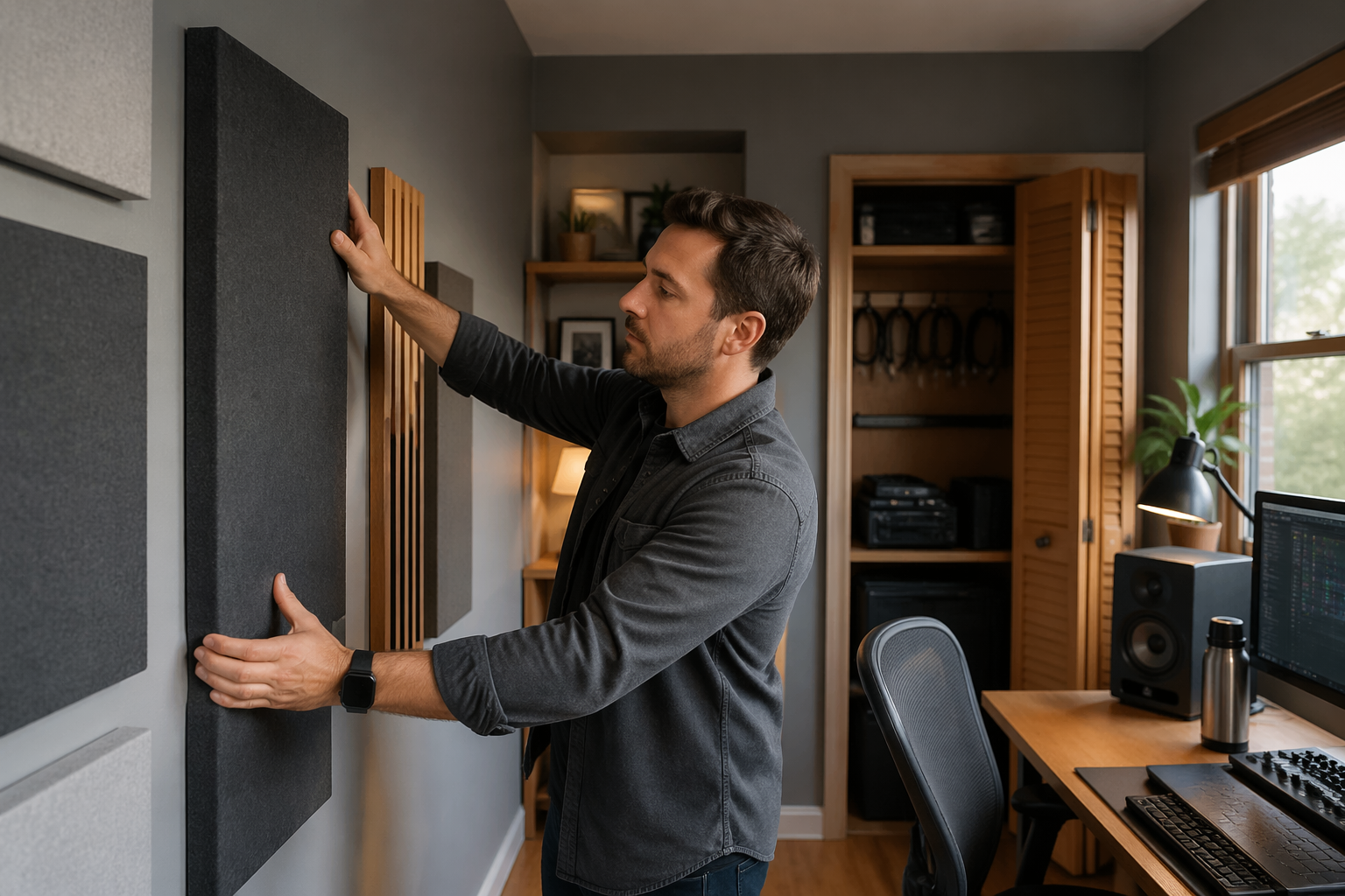 A sound engineer adjusts acoustic panels in a home office with alcoves and closets.