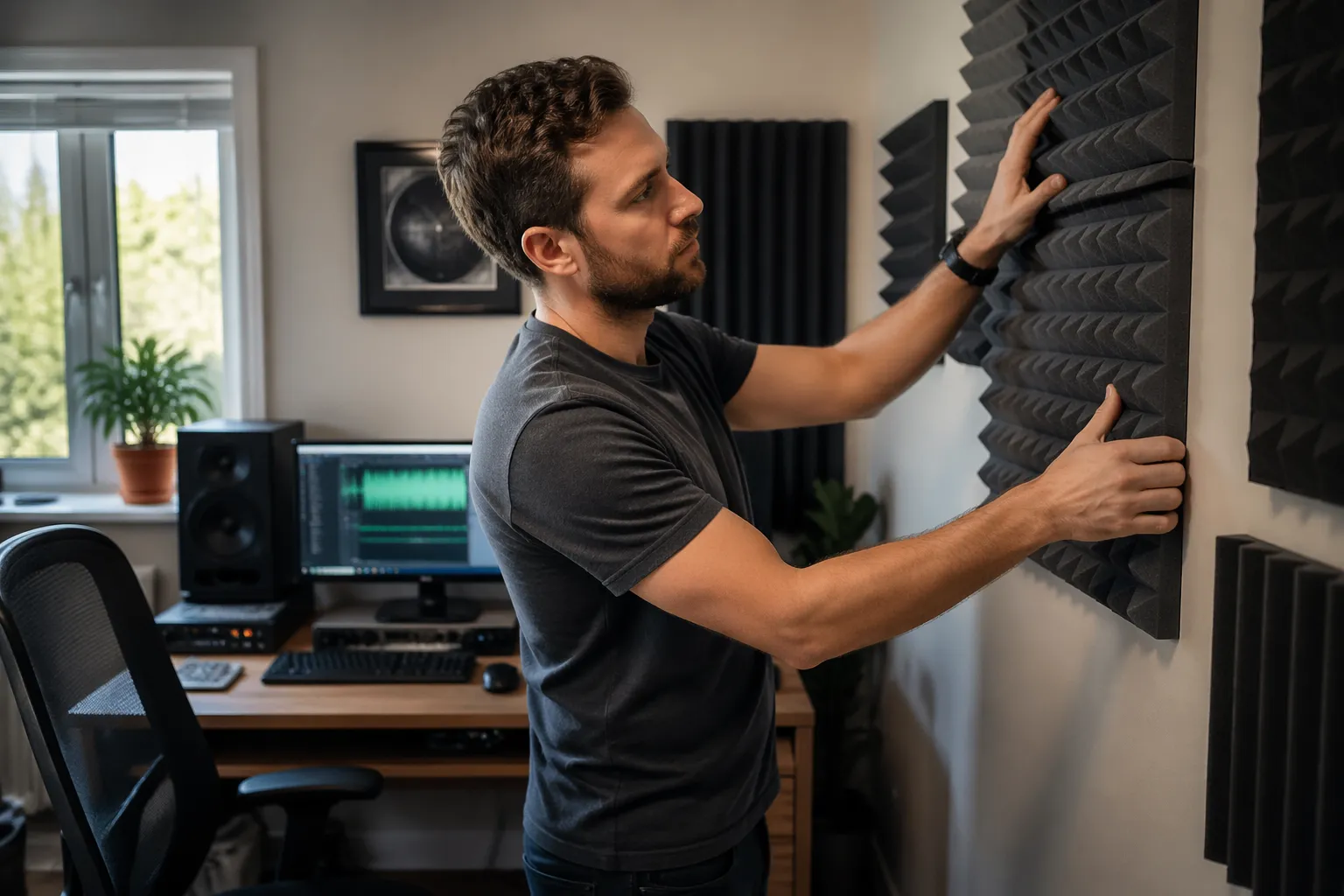 A sound engineer adjusts acoustic panels in a small home office to improve sound quality.
