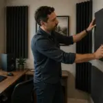 A man adjusting acoustic panels in a small home office to control bass sound.