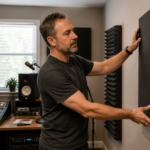 A sound engineer adjusts bass traps in a square home office studio