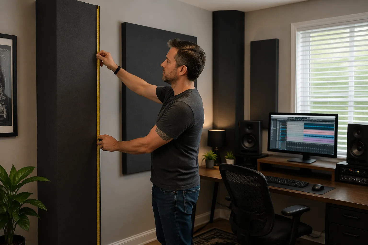 A sound engineer installing bass traps in a small home office studio.