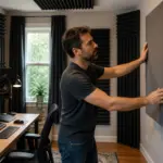 A sound engineer adjusting acoustic panels in a small home office studio