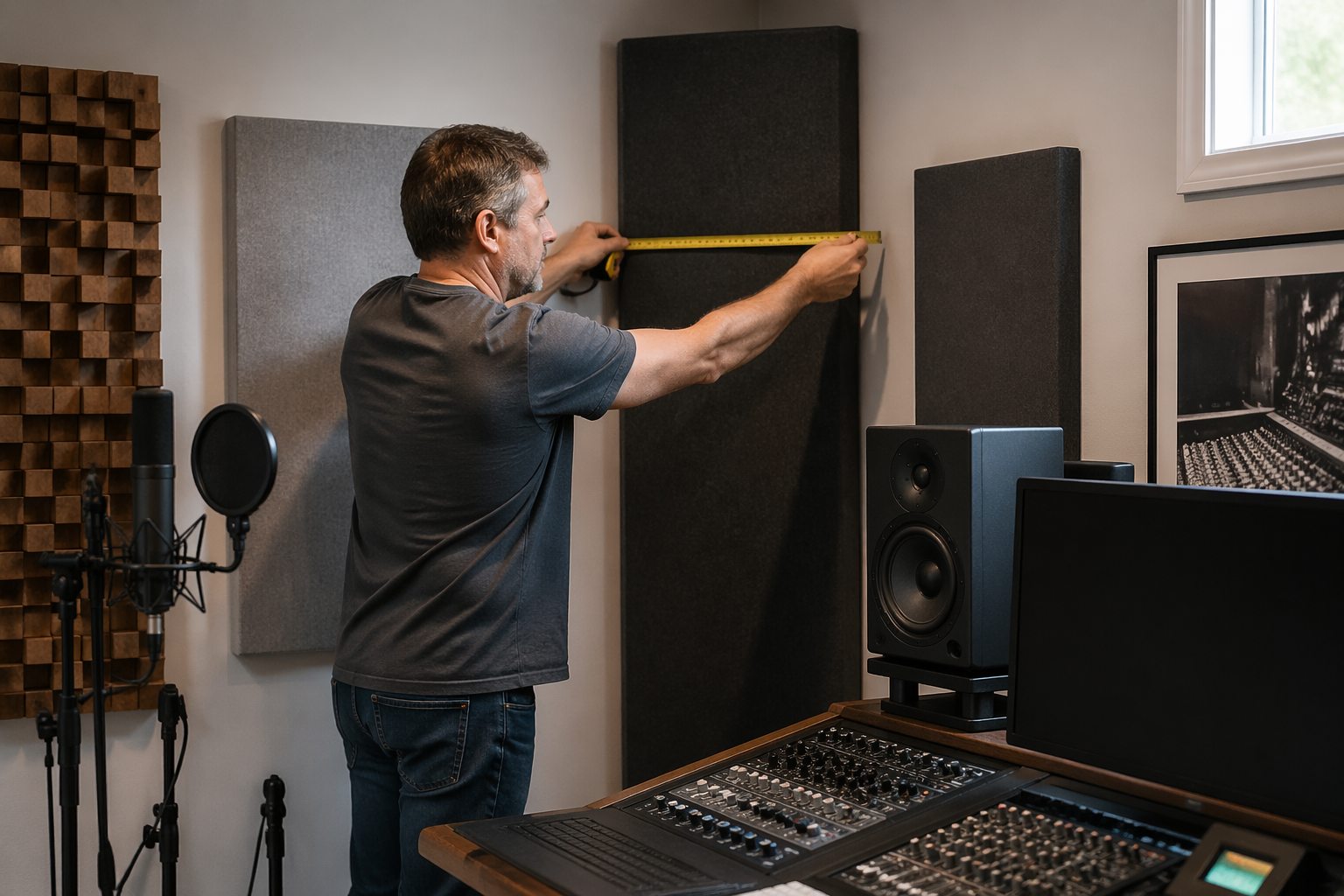 A sound engineer adjusting acoustic panels and bass traps in a home studio