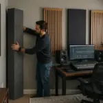 A male audio engineer adjusts a bass trap in a home studio with acoustic panels on the walls.