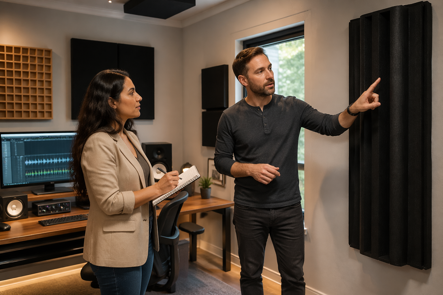A man and woman discussing bass traps in a home office studio, with acoustic treatment visible on the walls.