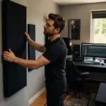 A male audio engineer adjusting bass traps in a modern home office studio