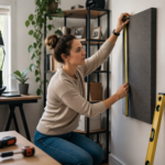 A woman installing acoustic panels in her rental apartment home office to improve sound quality.