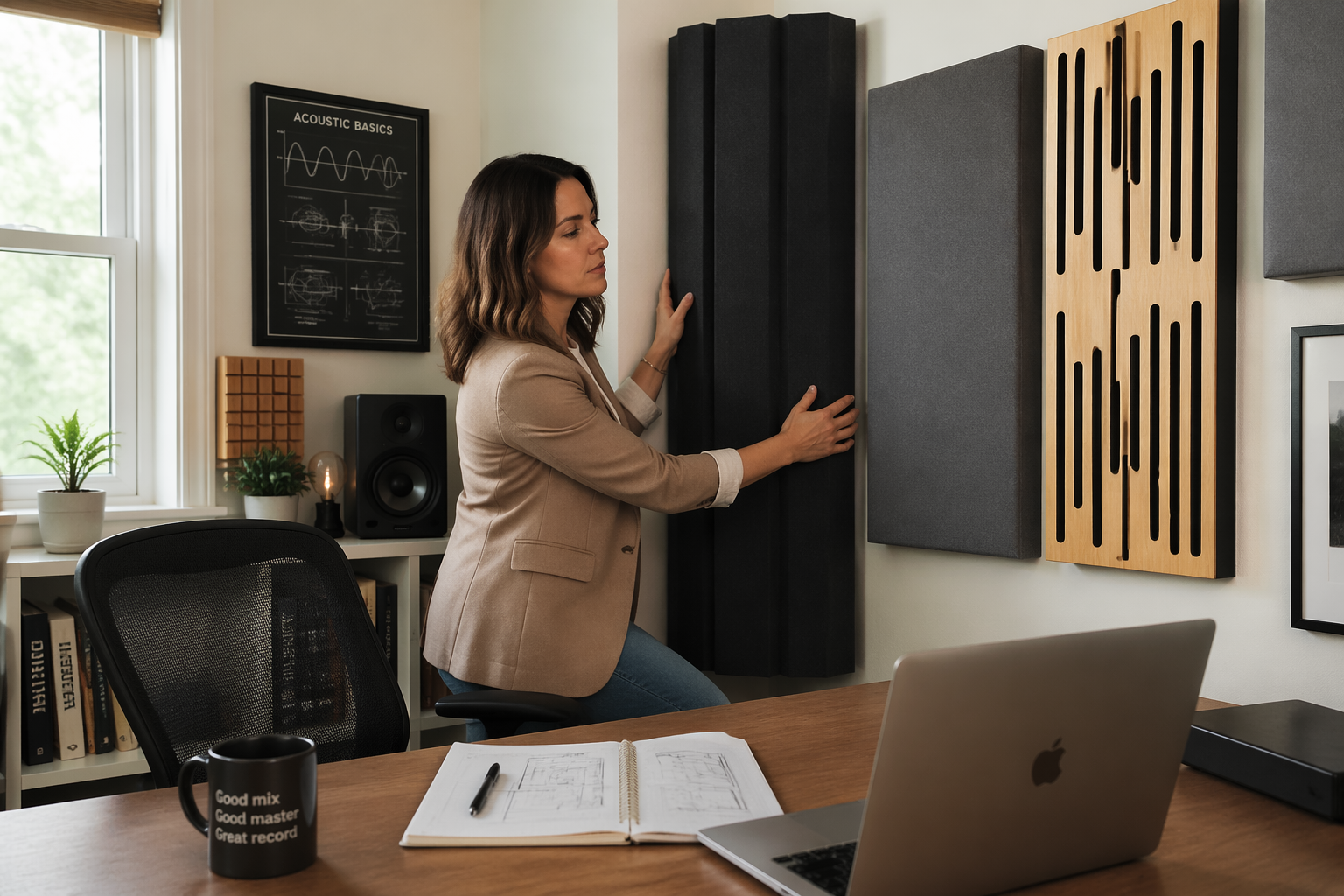 A woman adjusting bass treatment panels in her home office