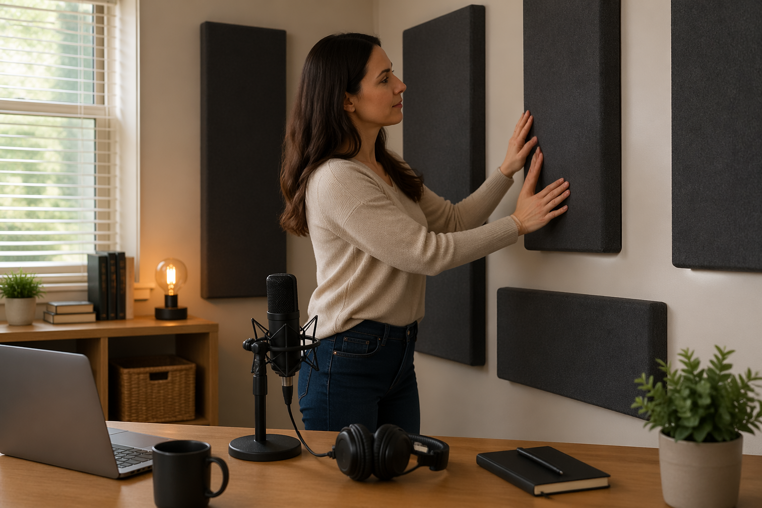 A woman adjusting thick acoustic panels in her home office for optimal voice recording.