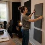 A woman adjusting acoustic panels in a home office for voice recording.