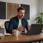 A professional man at a desk in a home office with acoustic panels behind him, participating in a video meeting.