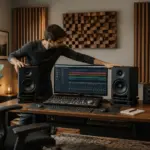 A male audio engineer adjusting speaker placement in a modern home office studio with acoustic panels.