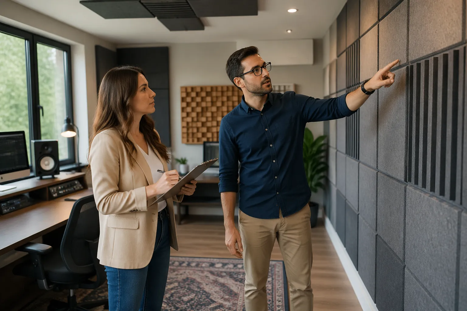 A man and woman discussing wall options for acoustic treatment in a home office studio
