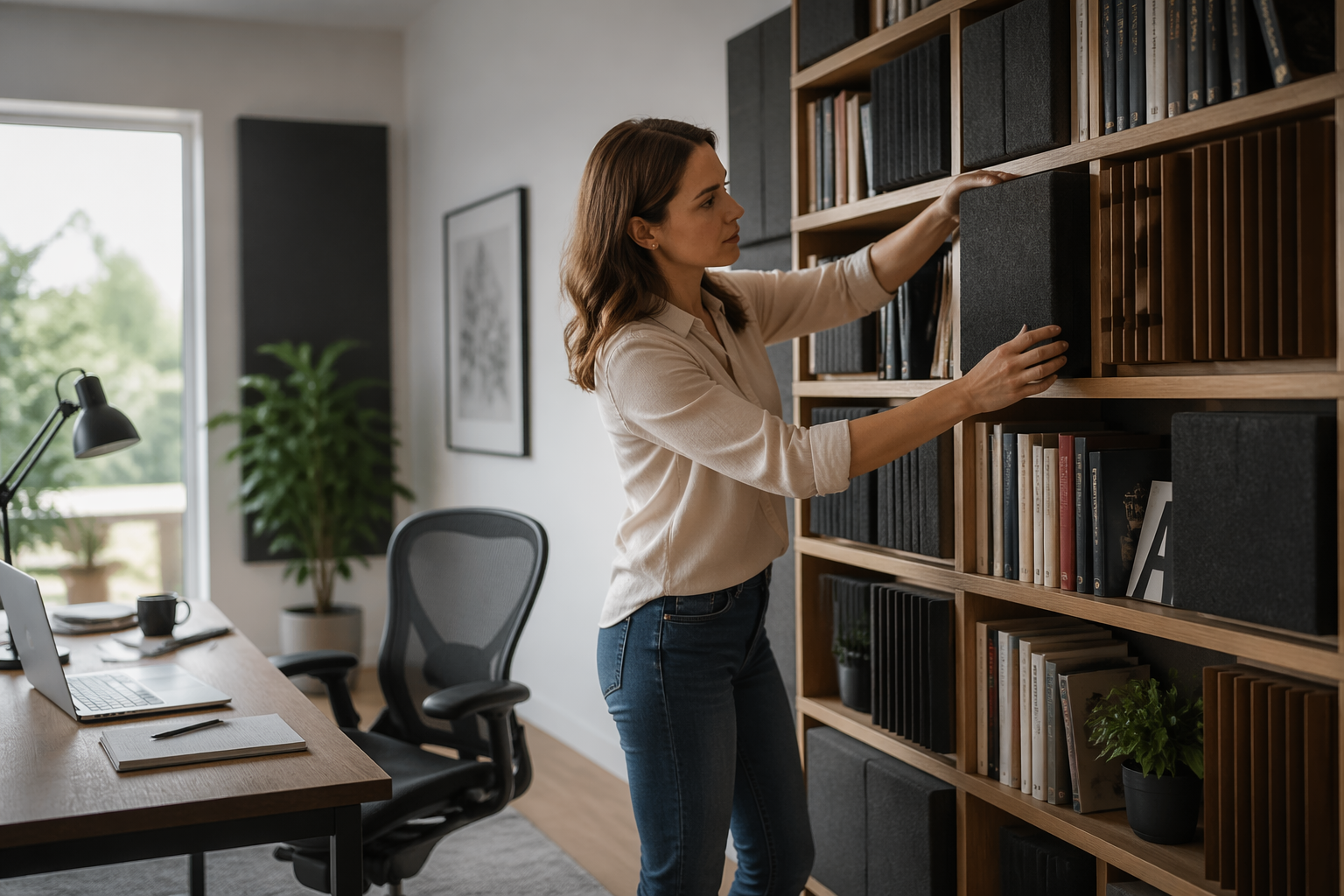 A woman organizing a bookshelf wall in her home office studio for acoustic treatment.