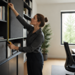 A woman measuring a bookshelf wall in a modern home office for acoustic treatment.