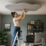 A woman installing a ceiling acoustic panel cloud in a modern home office while standing on a ladder.