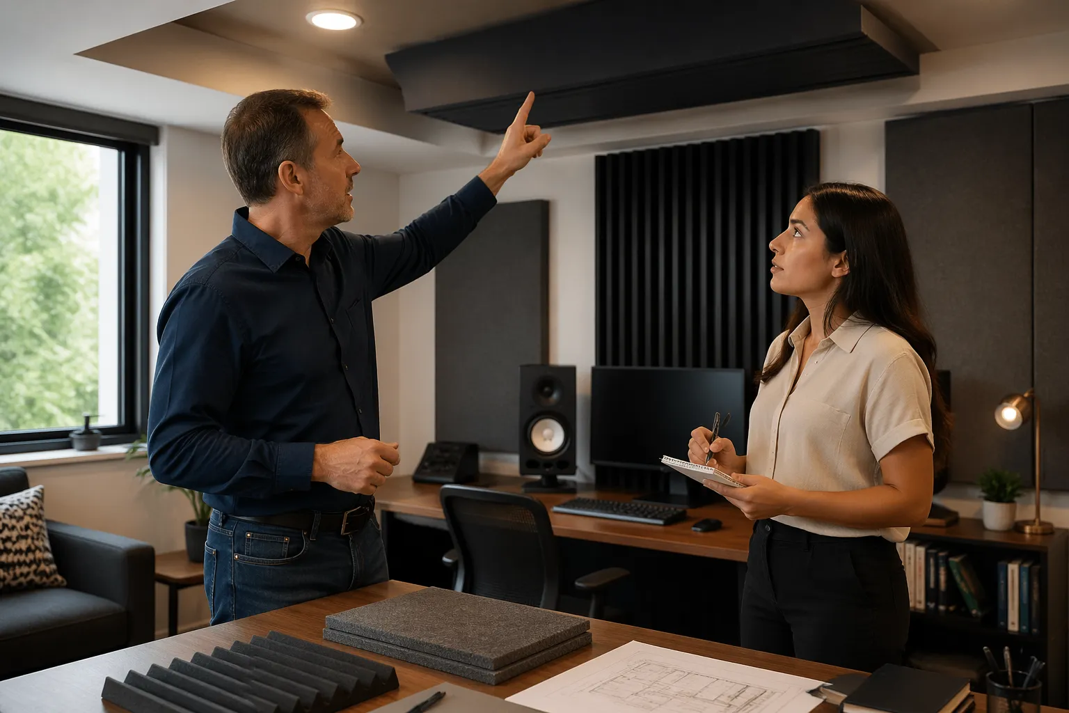 A man and a woman discussing acoustic treatment in a home office, pointing at a soffit-style bass trap on the ceiling.
