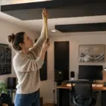 A woman in a home office adjusting soffit-style bass traps on the ceiling while using a measuring tape.