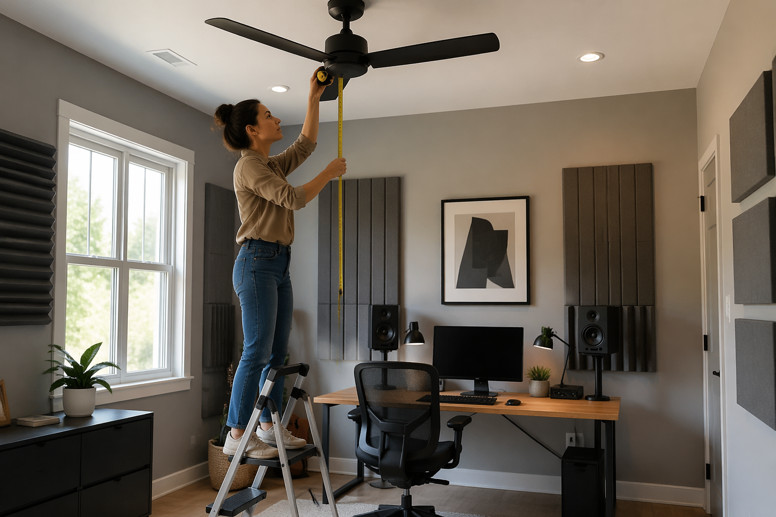 A woman adjusting the ceiling fan in a modern home office studio with acoustic panels.