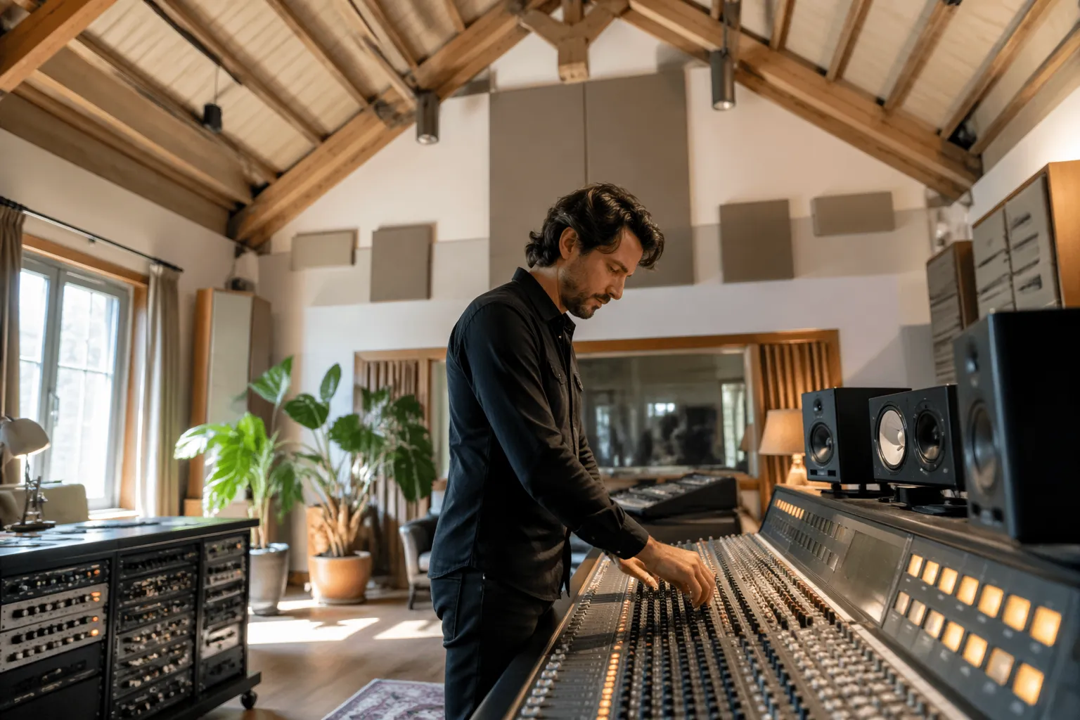 A sound engineer working in a home studio with high ceilings and acoustic panels