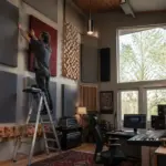 A sound engineer adjusts acoustic panels in a home studio with high ceilings, optimizing sound quality.