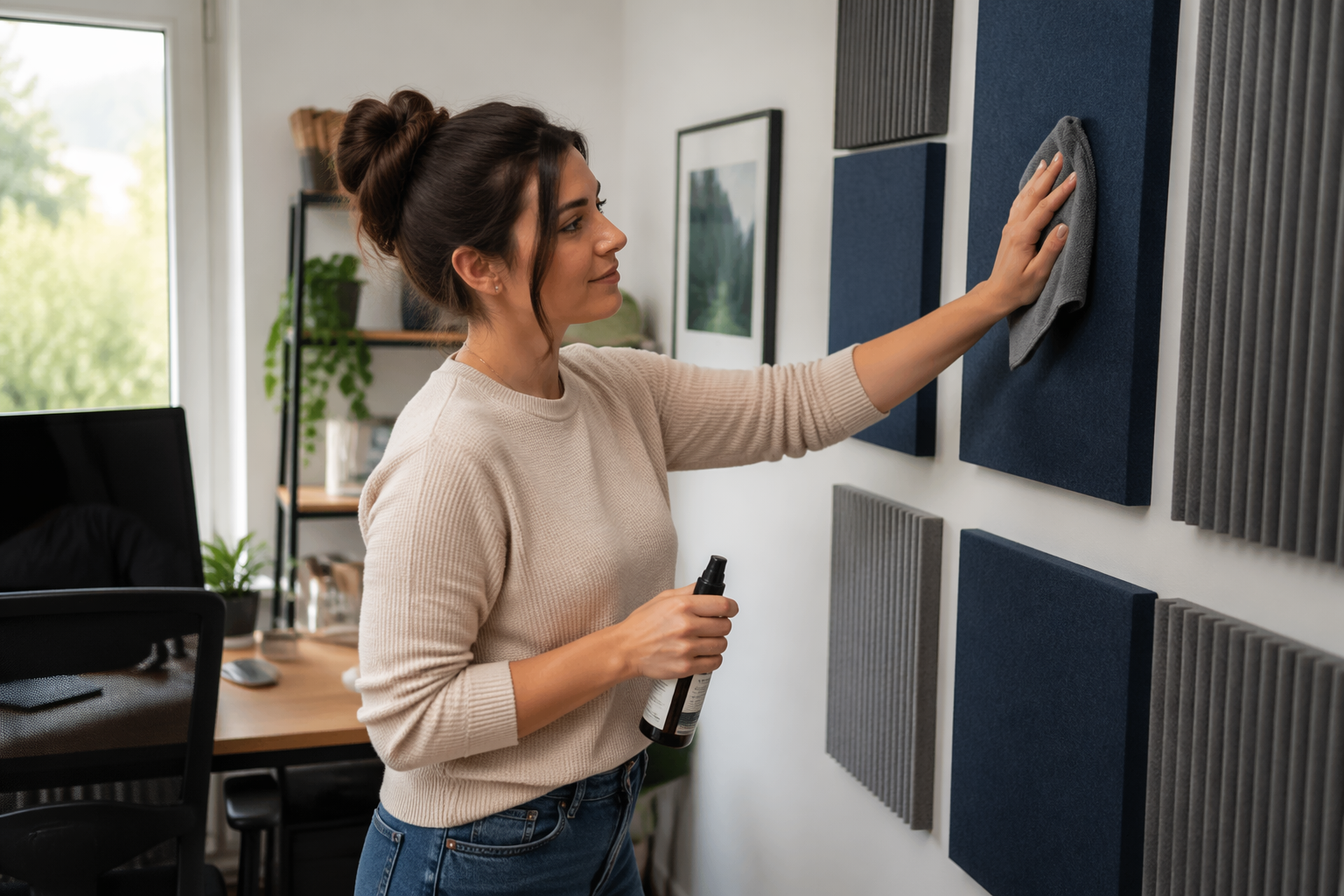 A woman cleaning acoustic panels in her home office with a cloth and cleaning solution.