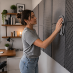A woman cleaning acoustic panels in her home office with a cloth.
