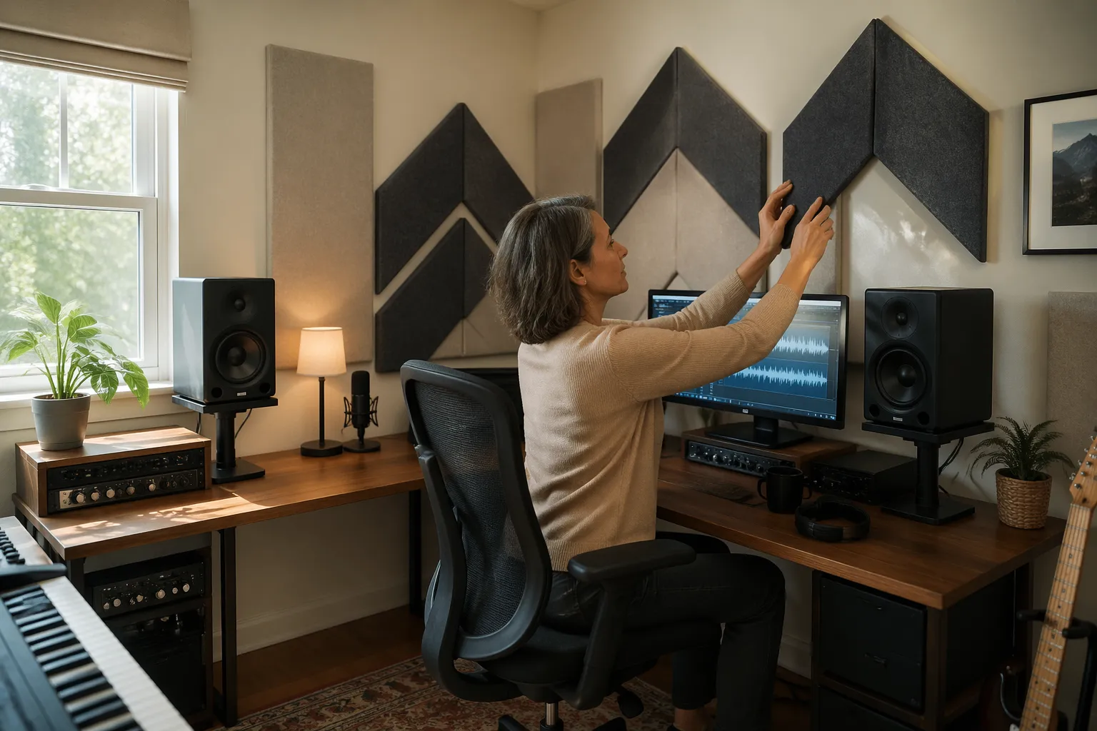 A woman adjusting acoustic panels in a corner desk home studio setup.