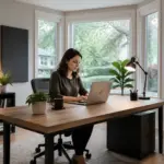 A woman working at a desk in front of a bay window in a home office, with acoustic panels in the background.
