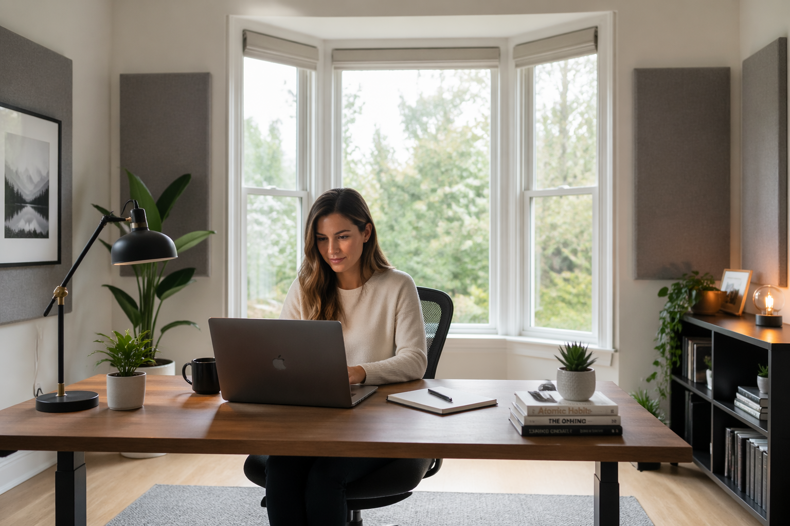 A woman working at a desk in front of a bay window in a home office, with acoustic panels on the walls.