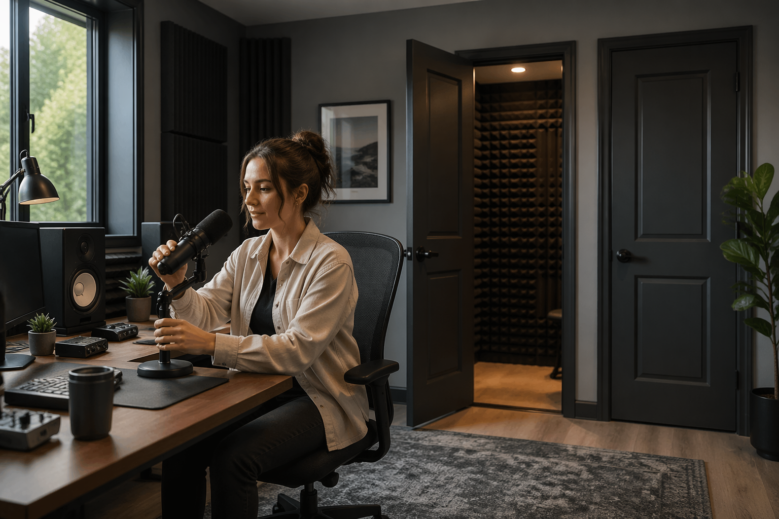 A woman adjusting a microphone at a desk in a home office studio with two doors and acoustic treatment panels.